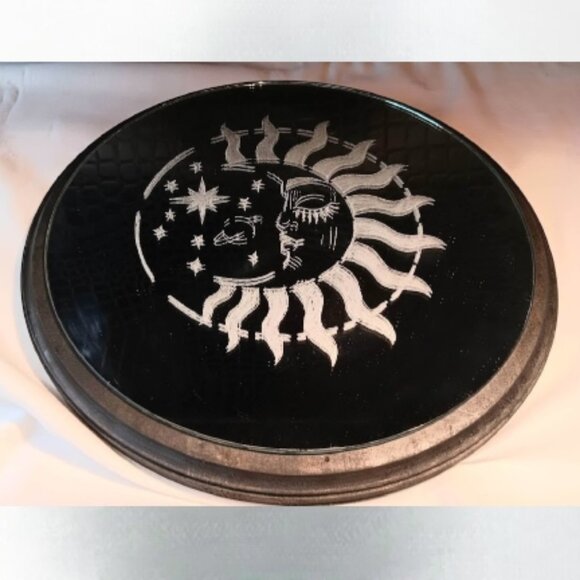 12 inch round wood frame with sun, moon, stars Handmade/repurposed etched mirror - Picture 1 of 2